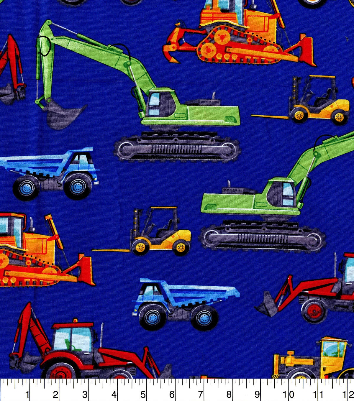 Hi Fashion Blue Construction Trucks Novelty Cotton Fabric