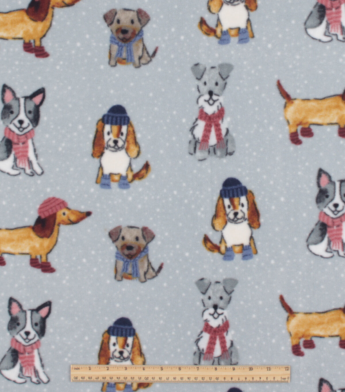 Winter Dogs on Gray Anti Pill Fleece Fabric