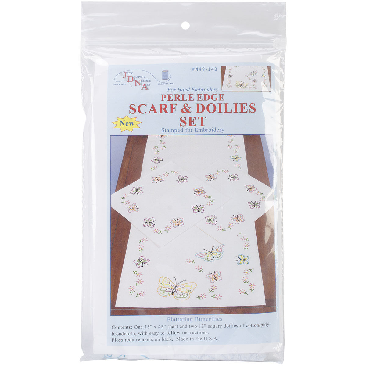 Jack Dempsey Fluttering Butterflies Stamped Perle Edge Scarf & Doilies