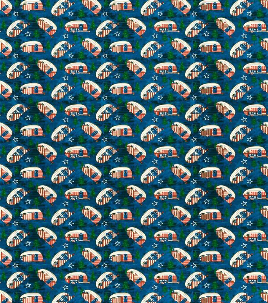 Americana Campers Metallic Patriotic Cotton Fabric