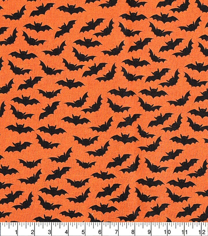 Halloween Bats On Orange Cotton Fabric