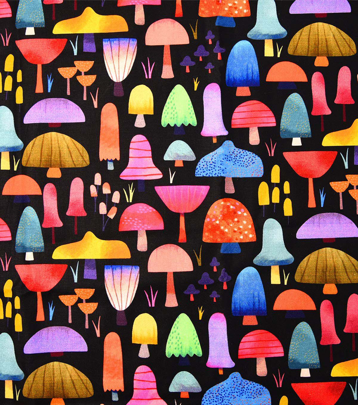 Bright Mushrooms on Black Novelty Cotton Fabric