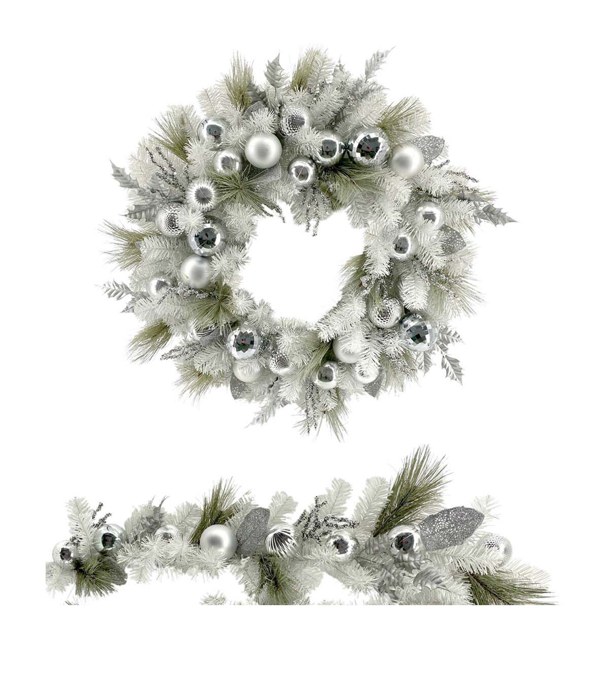 Matching Holiday Silver Bauble & Flocked Pine Wreath & Garland