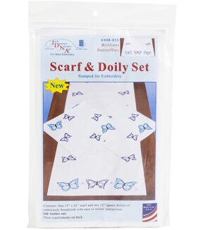 Jack Dempsey Butterflies Stamped Perle Edge Dresser Scarf & Doilies