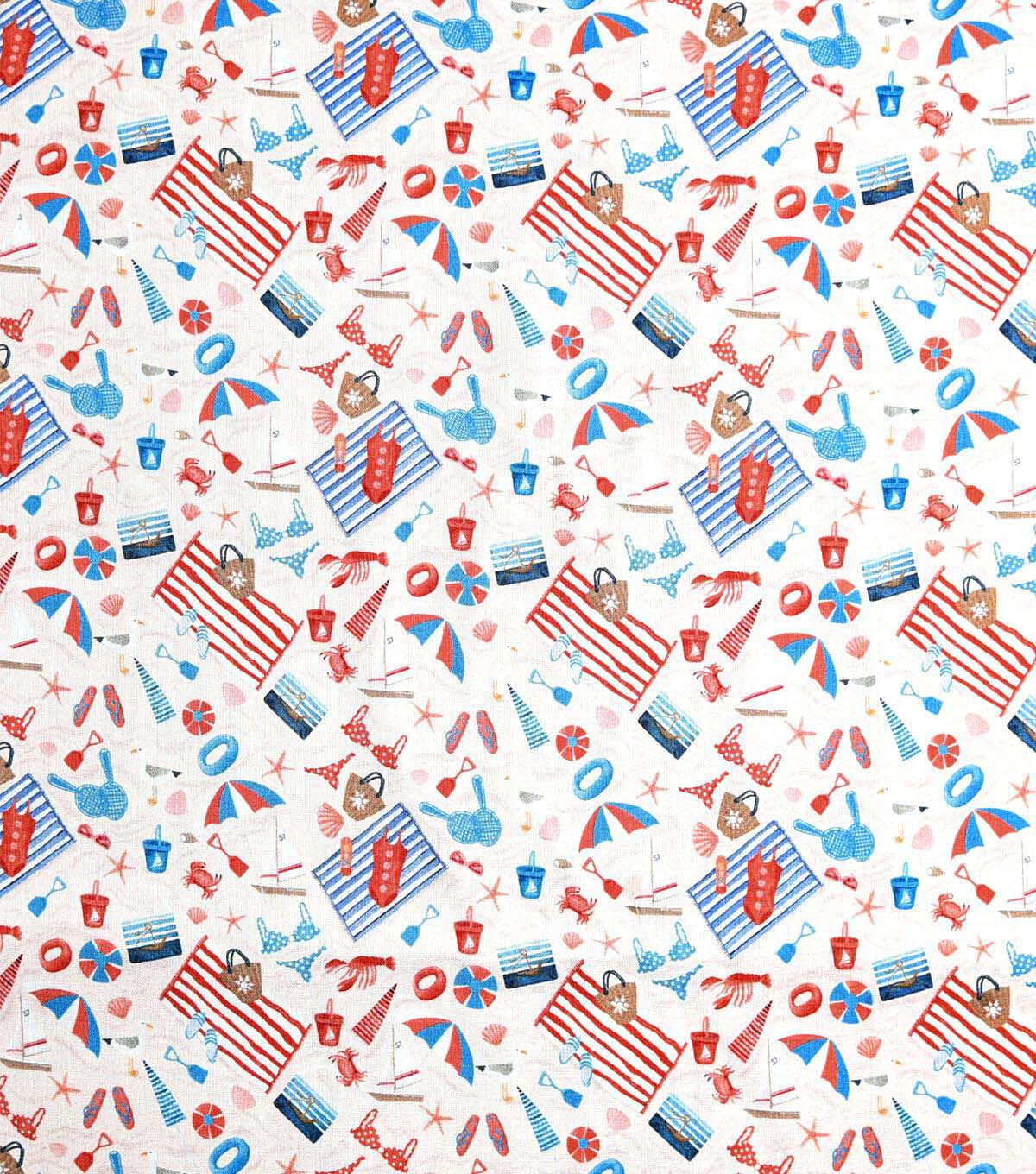 Americana Beach on White Novelty Cotton Fabric
