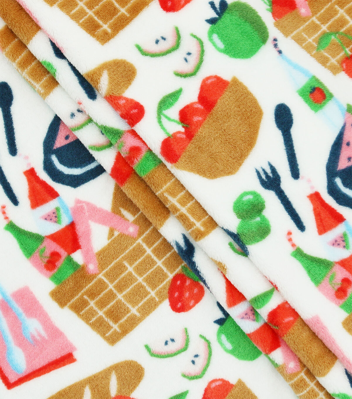 Picnic Scene On White Sew Lush Fleece Fabric