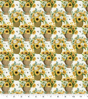 Yellow Sunflower & Fern Baskets Premium Cotton Fabric