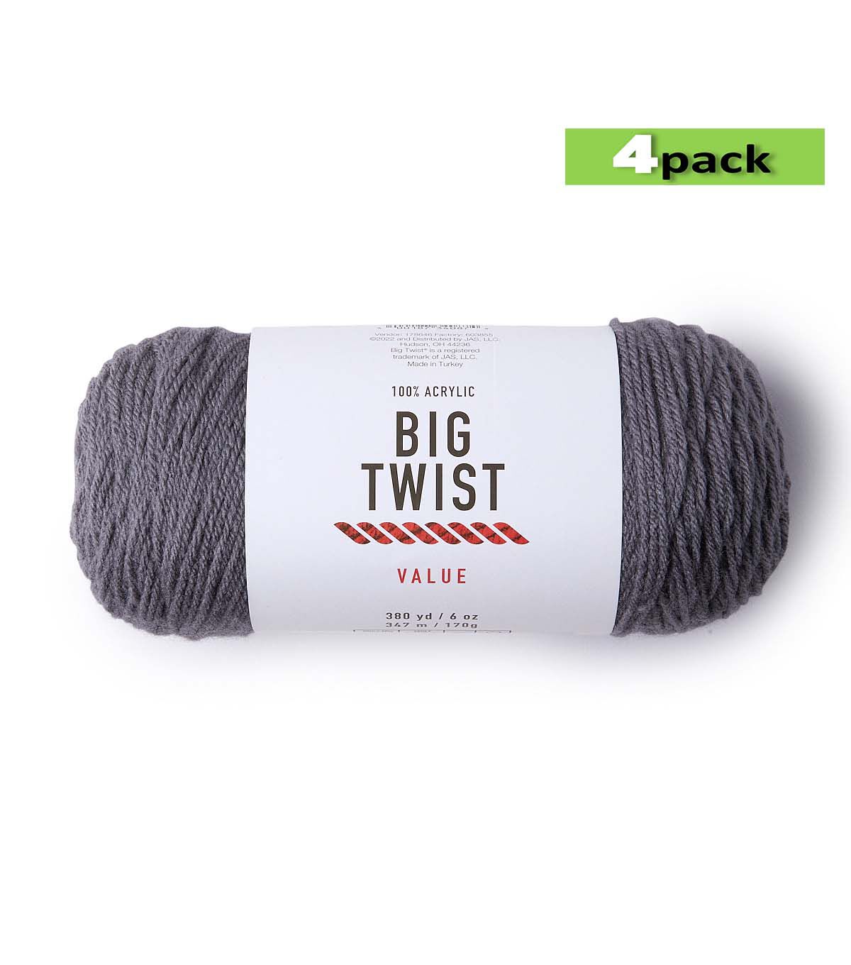 4pk Solid Titanium Medium Weight Acrylic 380yd Value Yarn by Big Twist