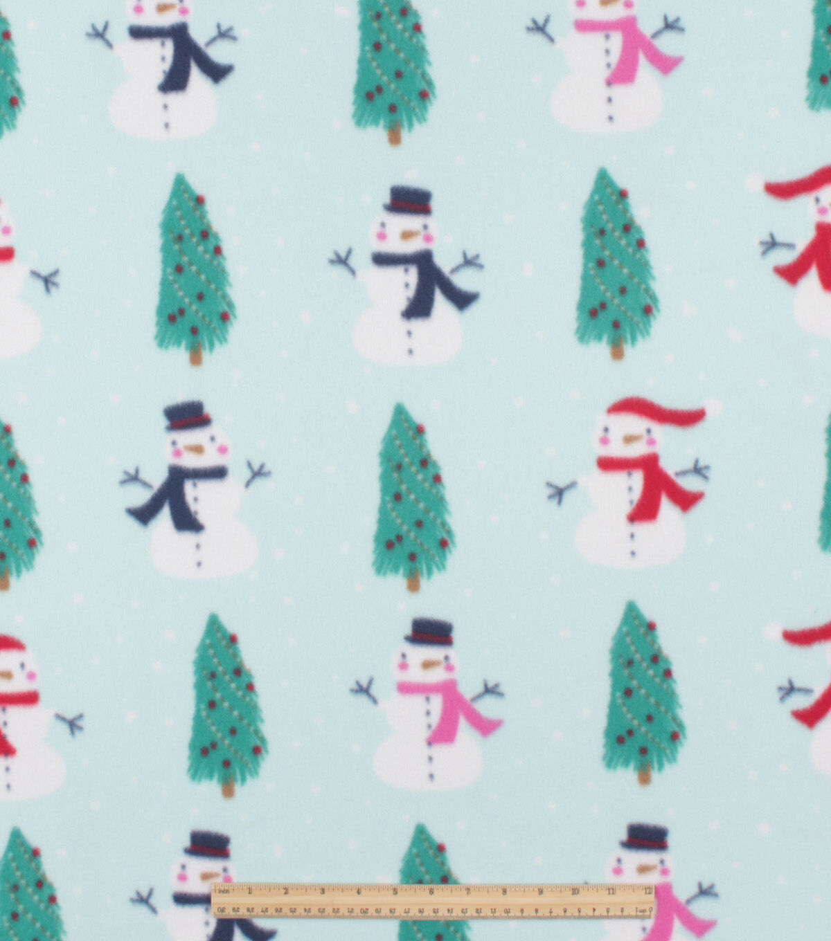 Blue Christmas Snowman & Trees Blizzard Fleece Fabric