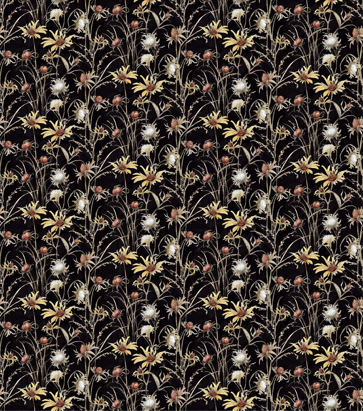 Goldfinch Thistle on Black Premium Cotton Fabric