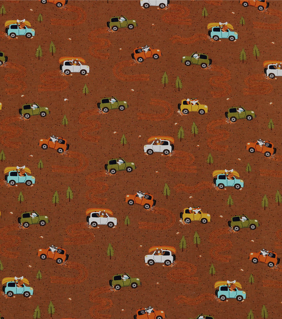 Animals In Camping Cars On Brown Super Snuggle Flannel Fabric by POP!