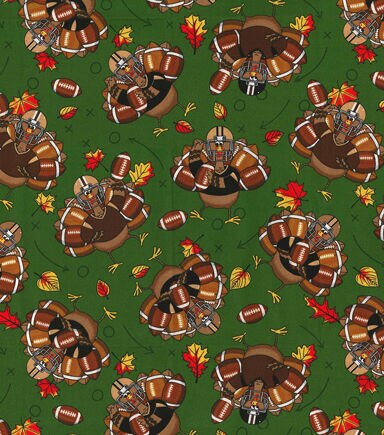 Fall Football Turkeys on Green Cotton Fabric