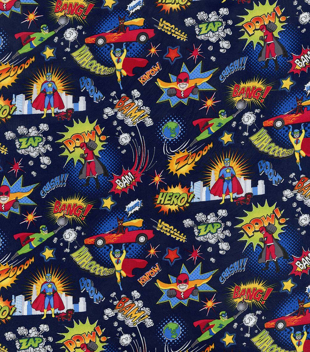 Hi Fashion Kapow! Bam! Pow! on Blue Novelty Cotton Fabric