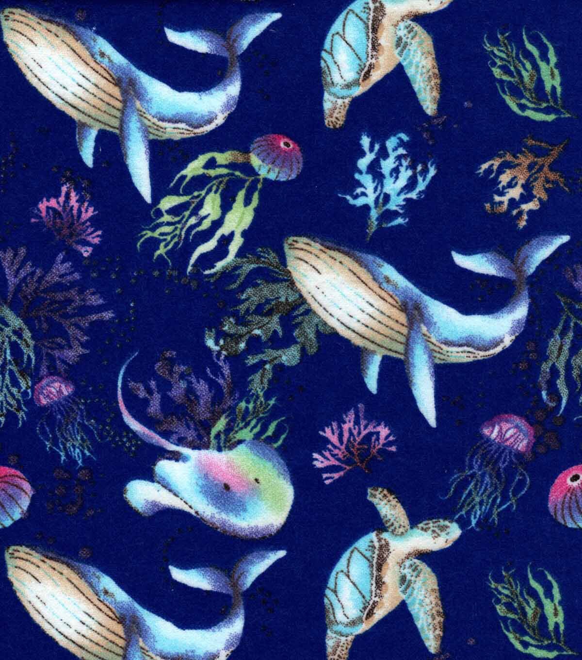 Watercolor Blue Whales Super Snuggle Flannel Fabric