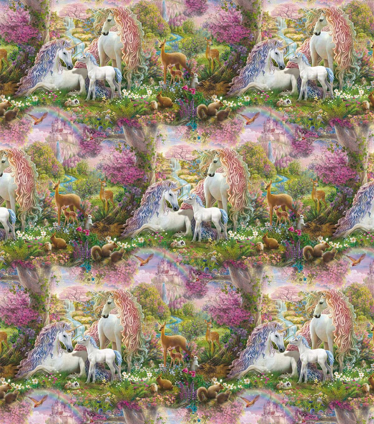 David Textiles Fairytale White Horses & Animals Novelty Cotton Fabric