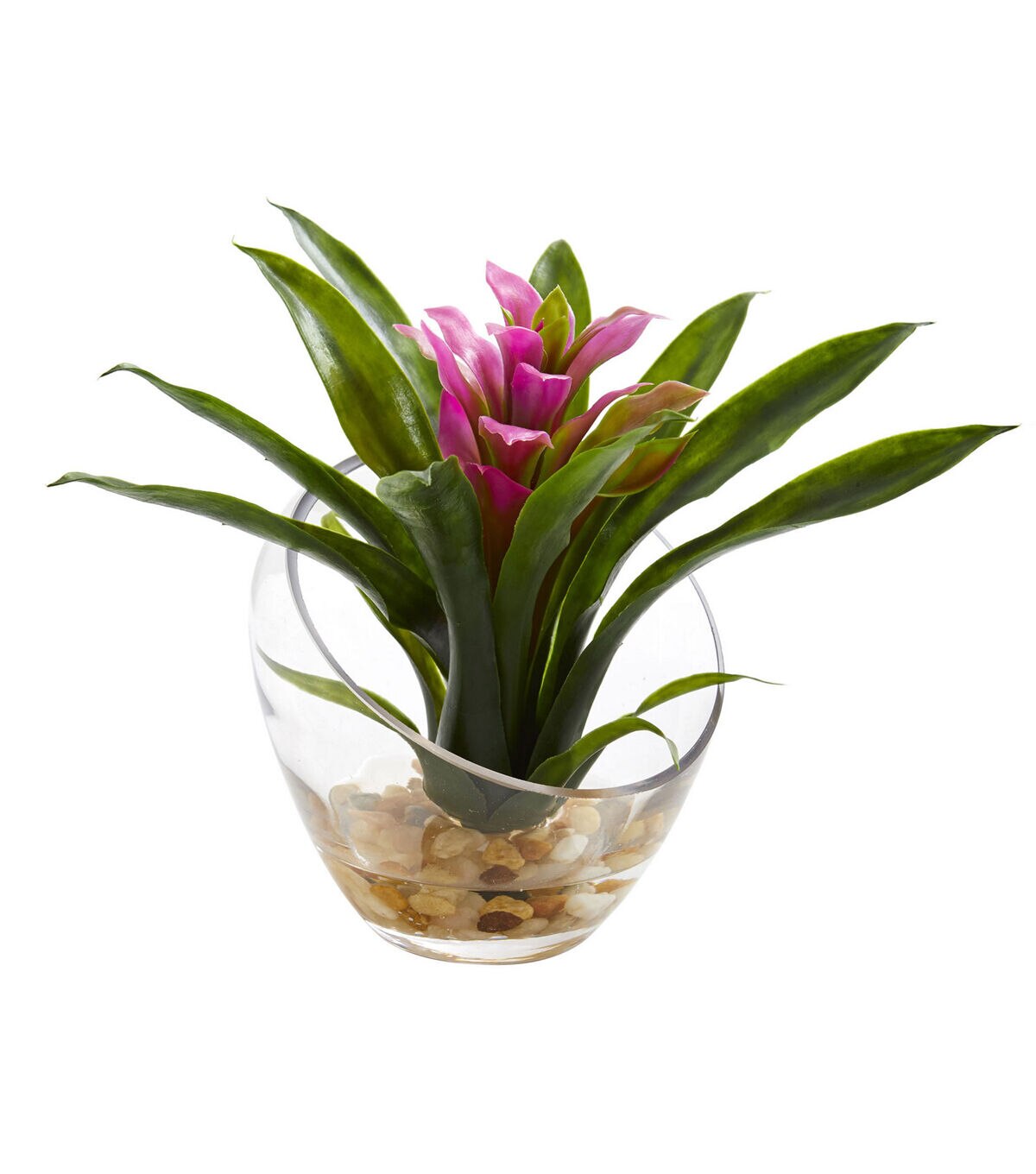 Nearly Natural 8 Tropical Pink Bromeliad in Angled Vase