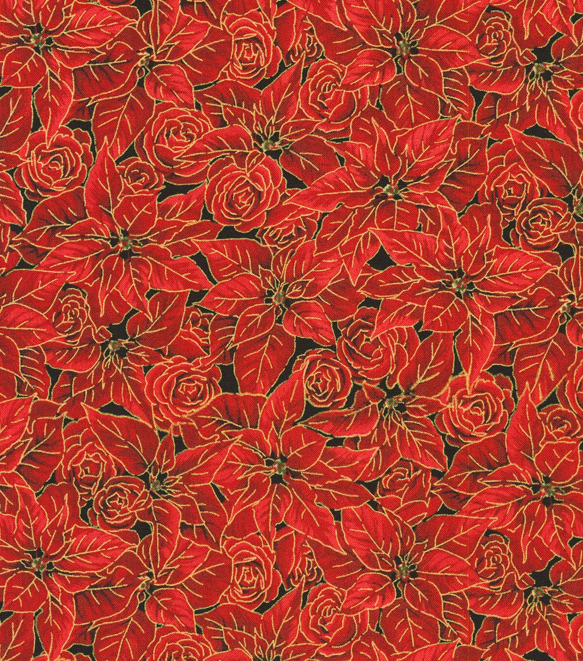 Red Gilded Poinsettias Christmas Metallic Cotton Fabric