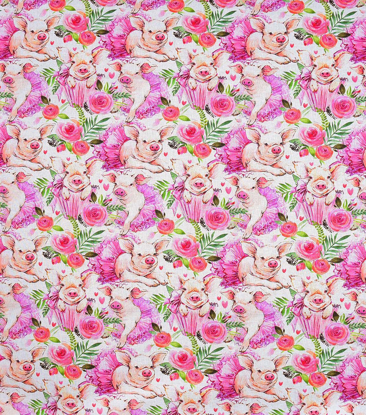 Pink Cute Piggies In Tutus Novelty Cotton Fabric
