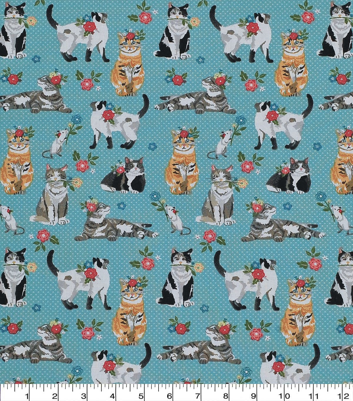 Novelty Cotton Fabric Cat and Mouse on Blue