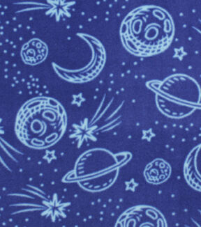 Space Icons on Blue Anti Pill Fleece Fabric