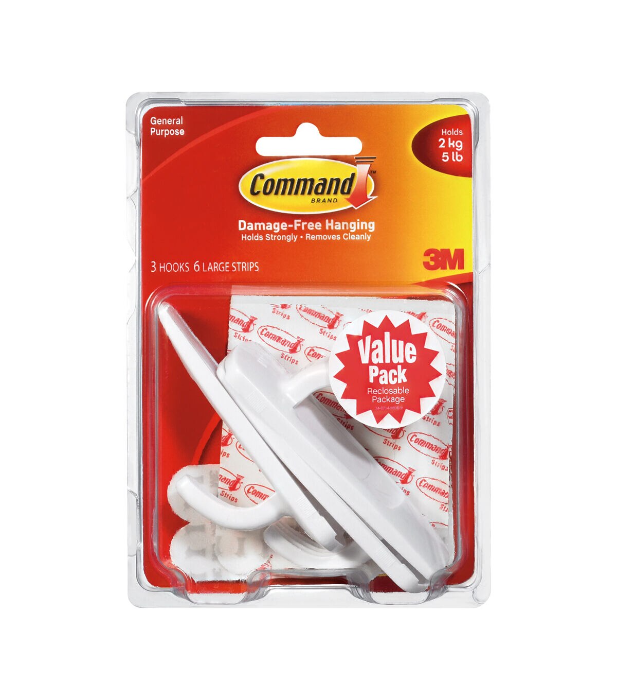 Command 5lbs White Large Hooks & Strips 9ct