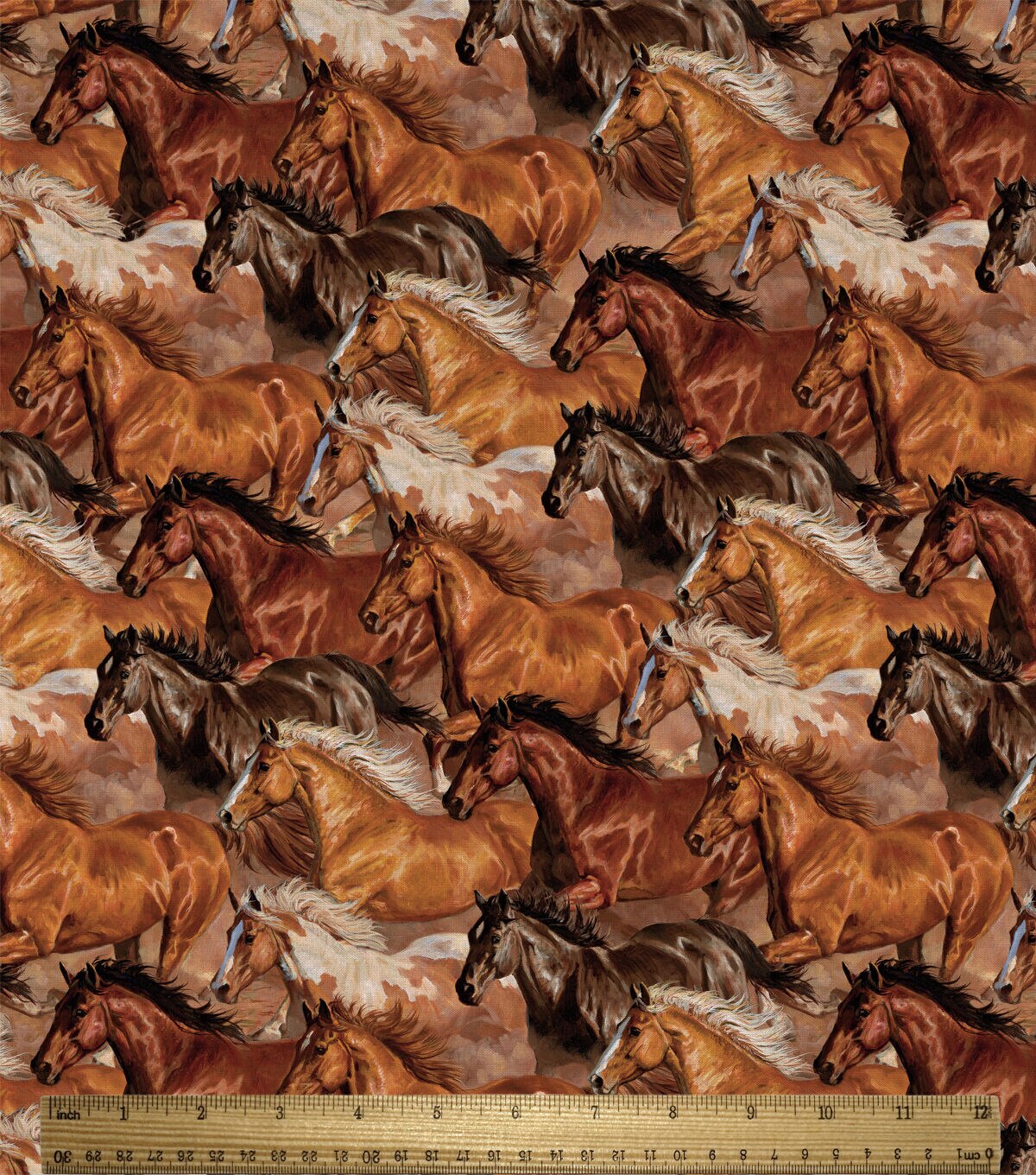 Brown Herd Of Running Horses Novelty Cotton Fabric