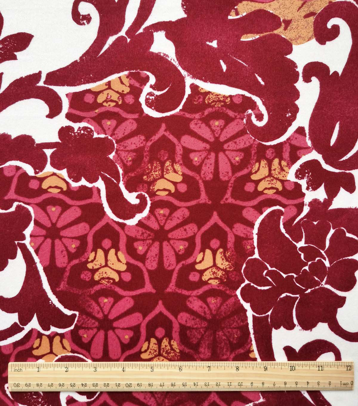 Red Damask Floral Red Luxe Flannel Fabric