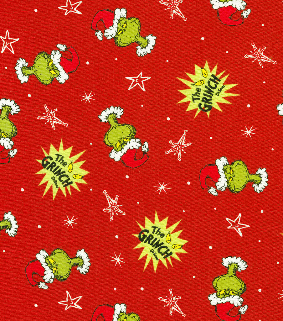 Grinch Heads & Dots on Red Christmas Cotton Fabric