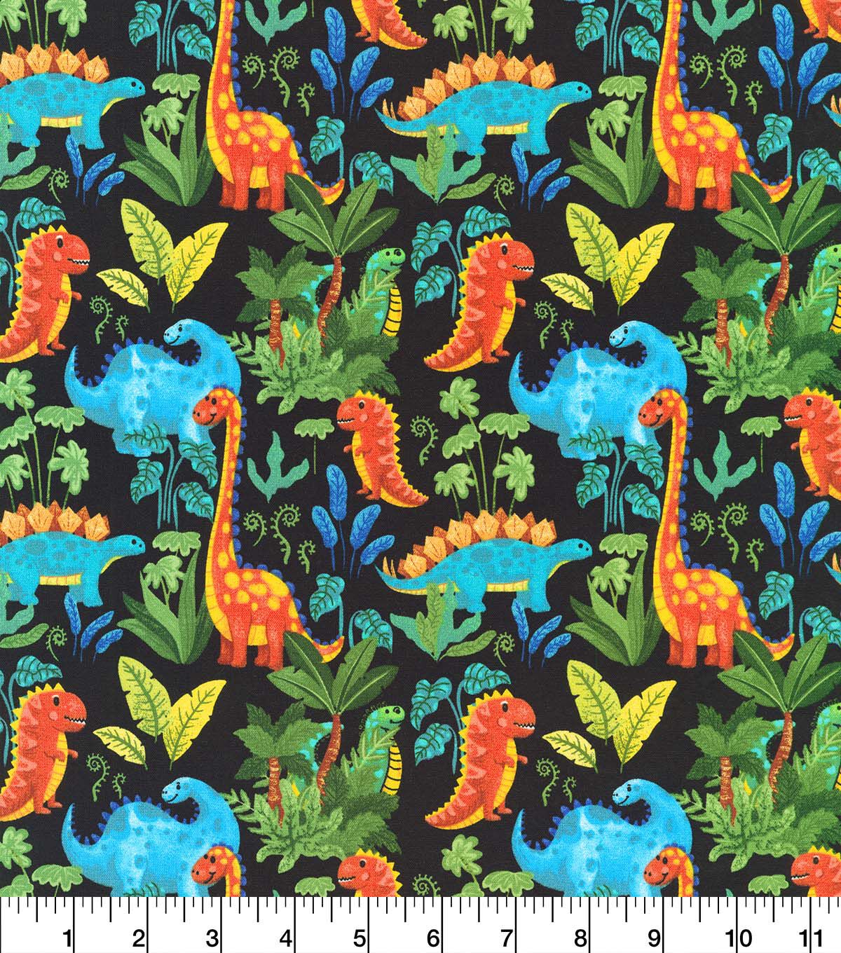 Dinosaurs on Black Novelty Cotton Fabric