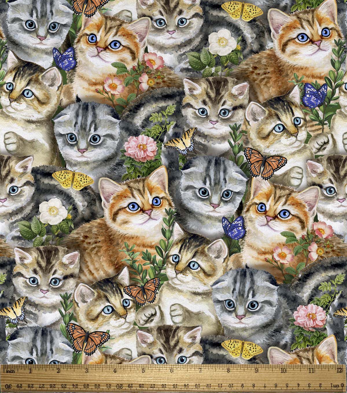 Kittens & Butterflies Novelty Cotton Fabric