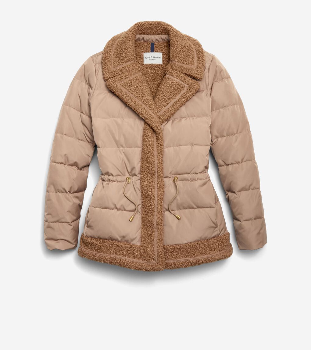 Women's Taffeta Down Jacket with Curly Fur Line Trim