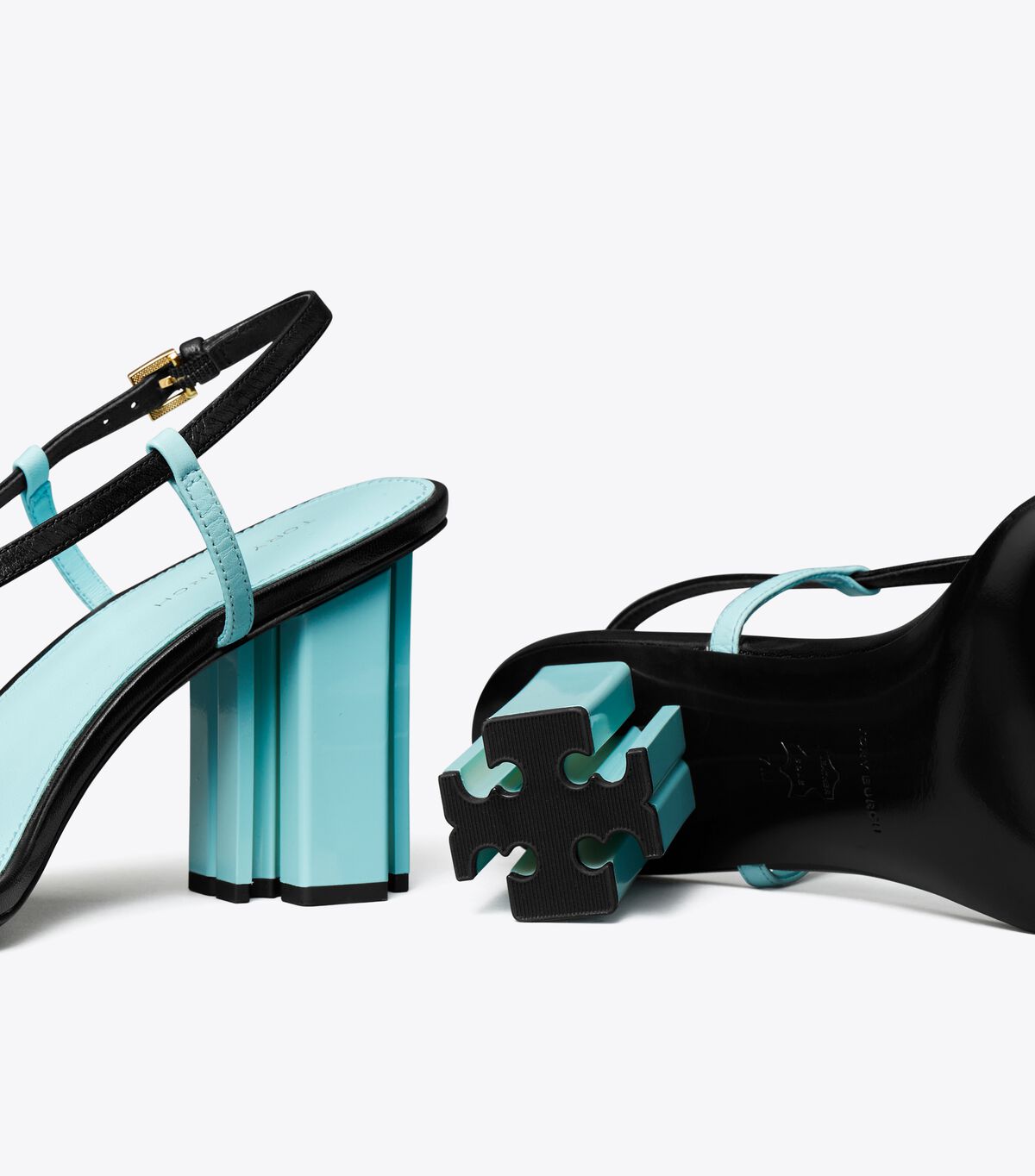 Tory Burch Black / Light Blue T Stamp Heels