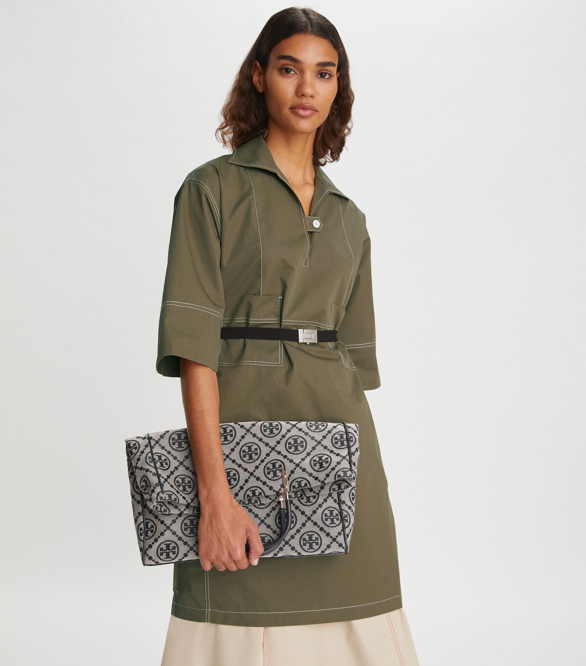 Tory Burch Navy T Monogram Jacquard Foldover Tote Bags