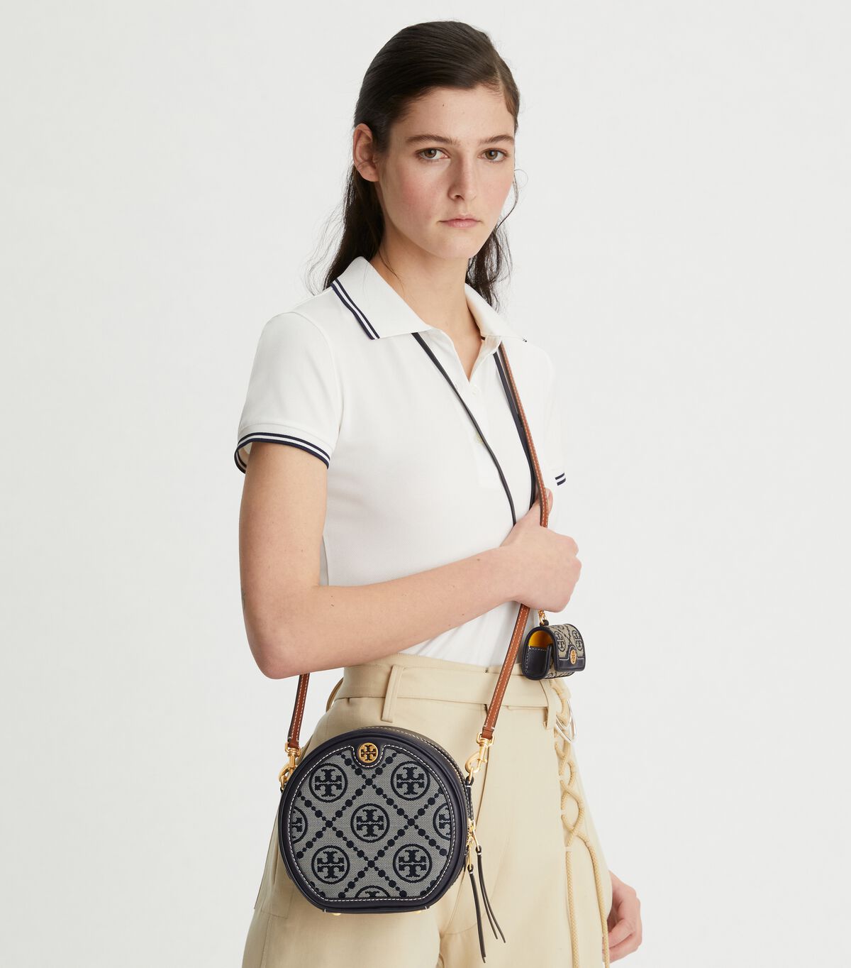 Tory Burch Navy T Monogram Jacquard Moon Crossbody Bags