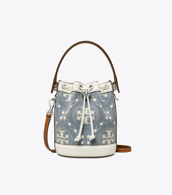 Tory Burch Blue Mini T Monogram Denim Bucket Bags