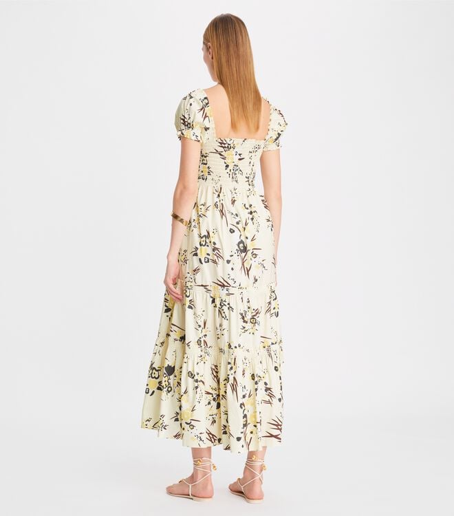 Tory Burch Cream Printed Smocked Dress