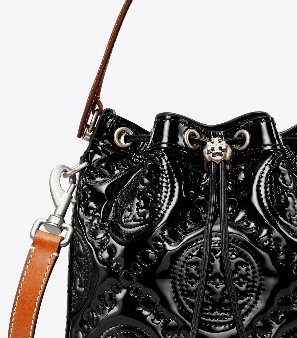 Tory Burch Black T Monogram Embroidered Patent Bucket Bags