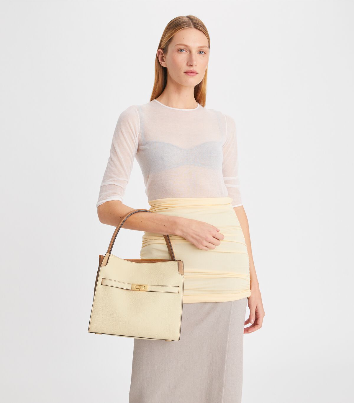 Tory Burch Beige Small Lee Radziwill Pebbled Satchel Bags