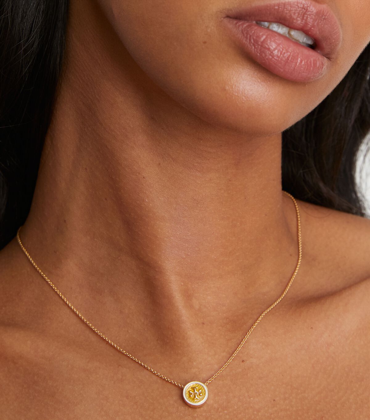Tory Burch Gold / Yellow / White Kira Guilloché Pendant Necklace