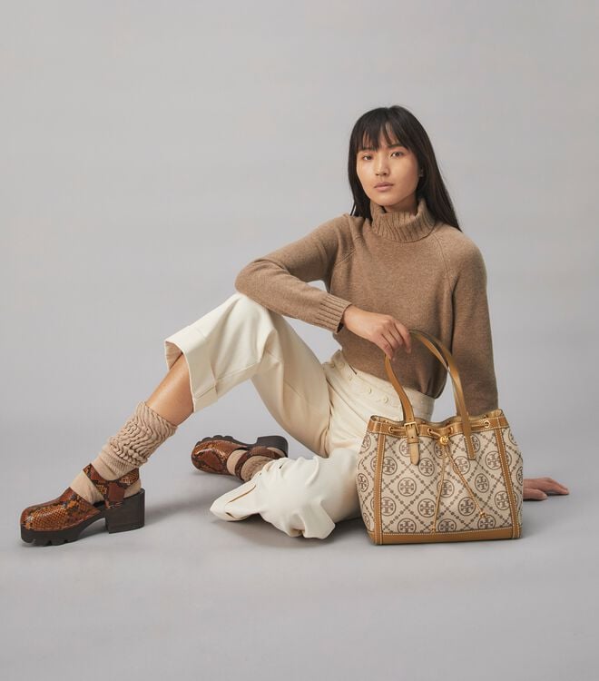 Tory Burch Brown T Monogram Jacquard Small Tote Bags