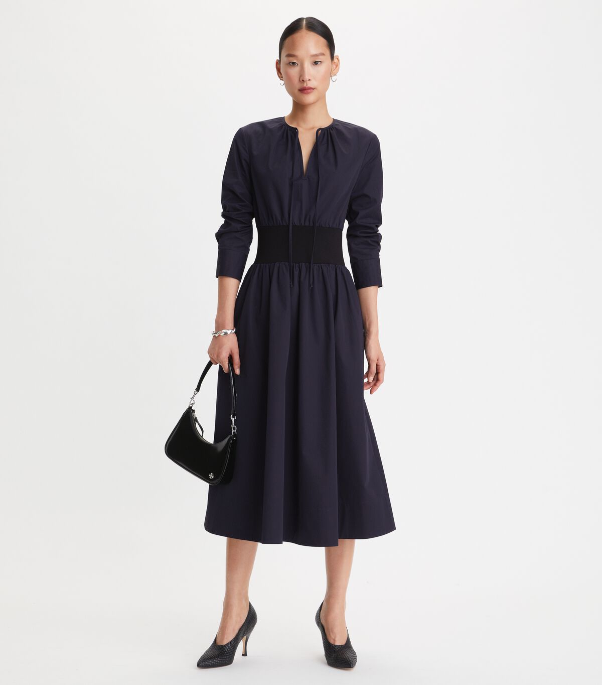Tory Burch Navy Poplin Knit-waist Dress