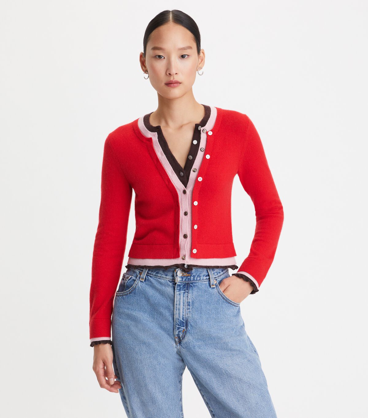 Tory Burch Red / Purple Triple Layer Cashmere Cardigan