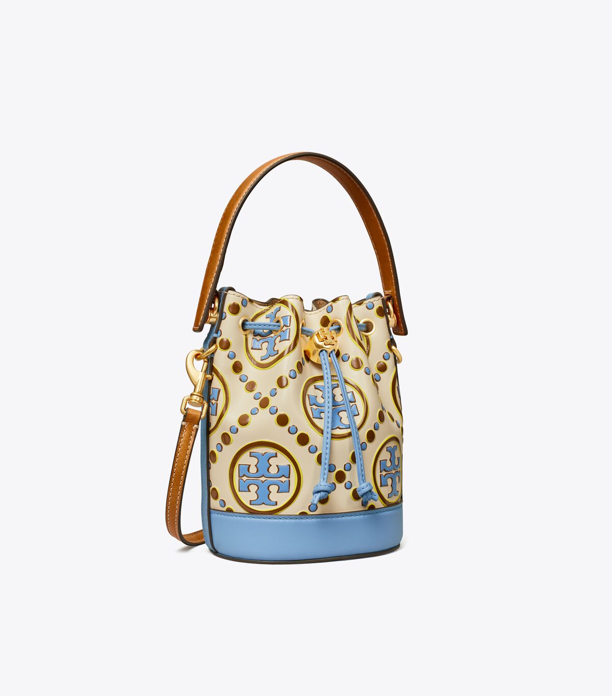 Tory Burch White / Blue Mini T Monogram Contrast Embossed Bucket Bags
