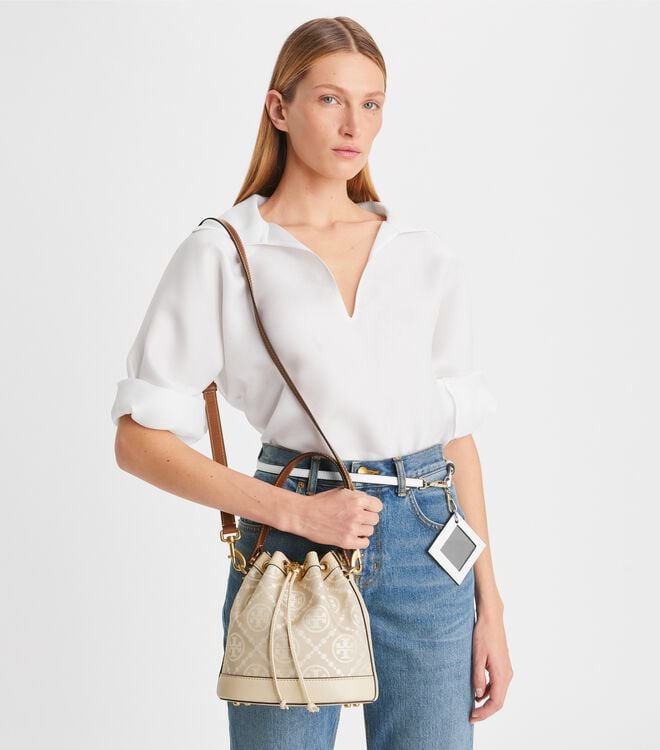 Tory Burch Beige T Monogram Bucket Bags