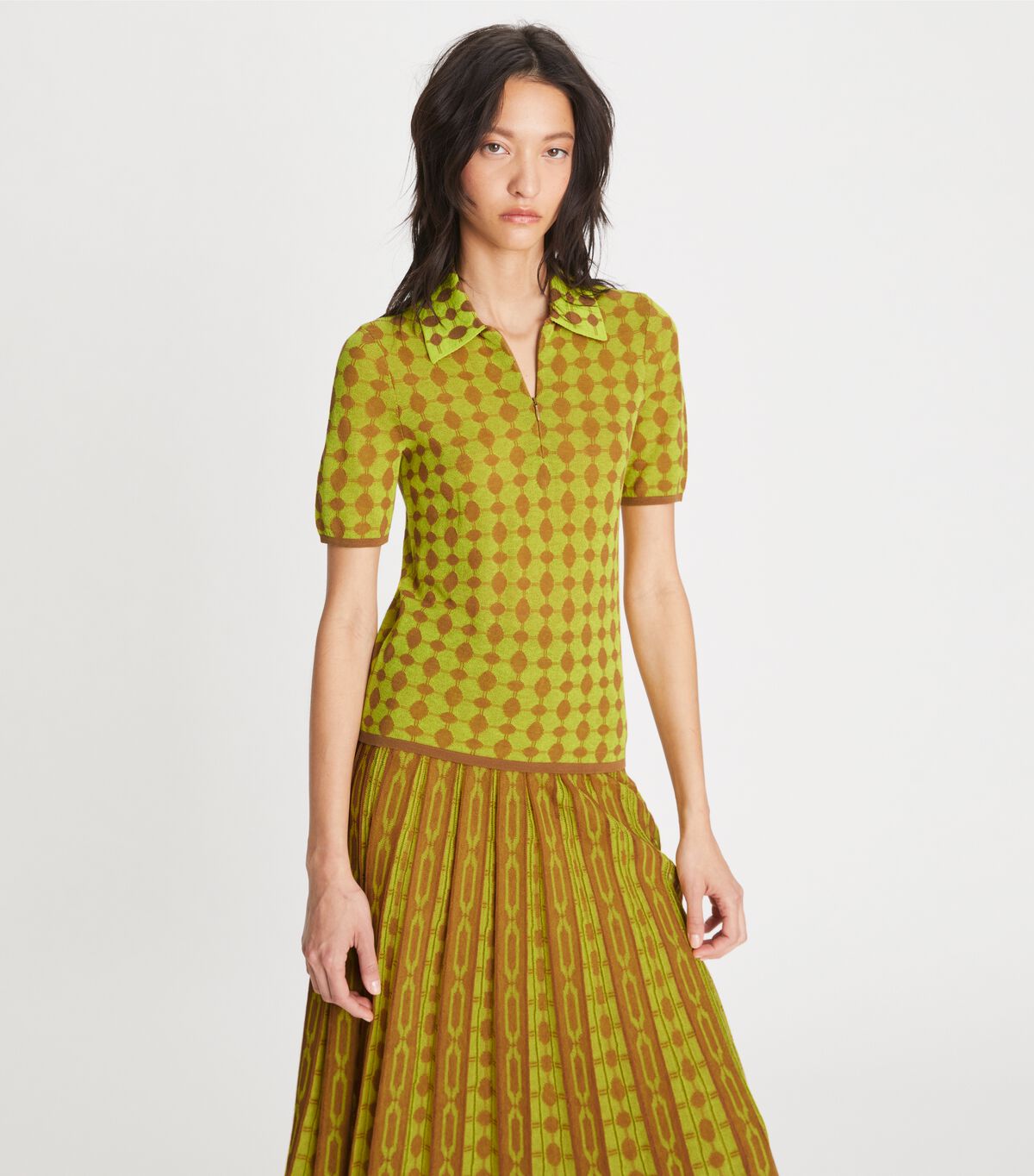 Tory Burch Dark Yellow Jacquard Zip Polo Shirts