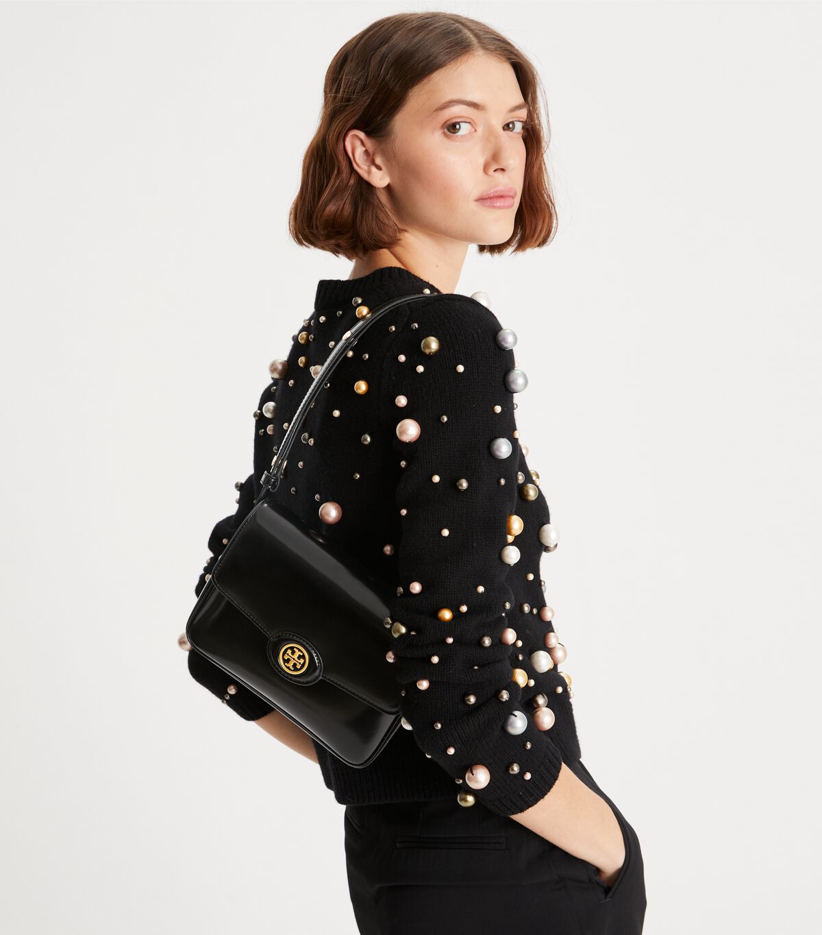 Tory Burch Black Robinson Spazzolato Convertible Shoulder Bags
