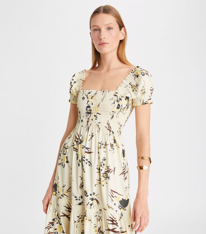 Tory Burch Cream Printed Smocked Dress
