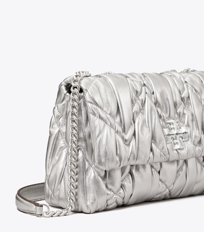 Tory Burch Silver Small Kira Metallic Diamond Ruched Convertible Shoulder Bags