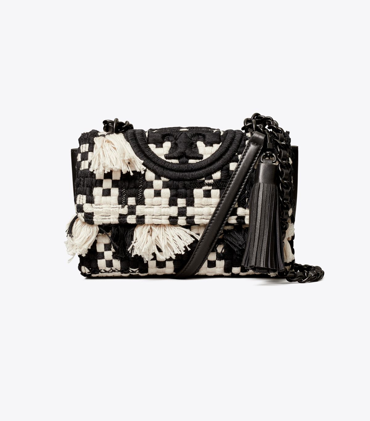 Tory Burch Black / White Small Fleming Tweed Convertible Shoulder Bags