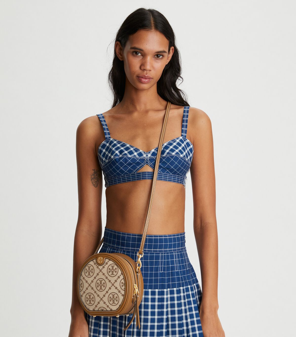 Tory Burch Brown T Monogram Jacquard Moon Crossbody Bags